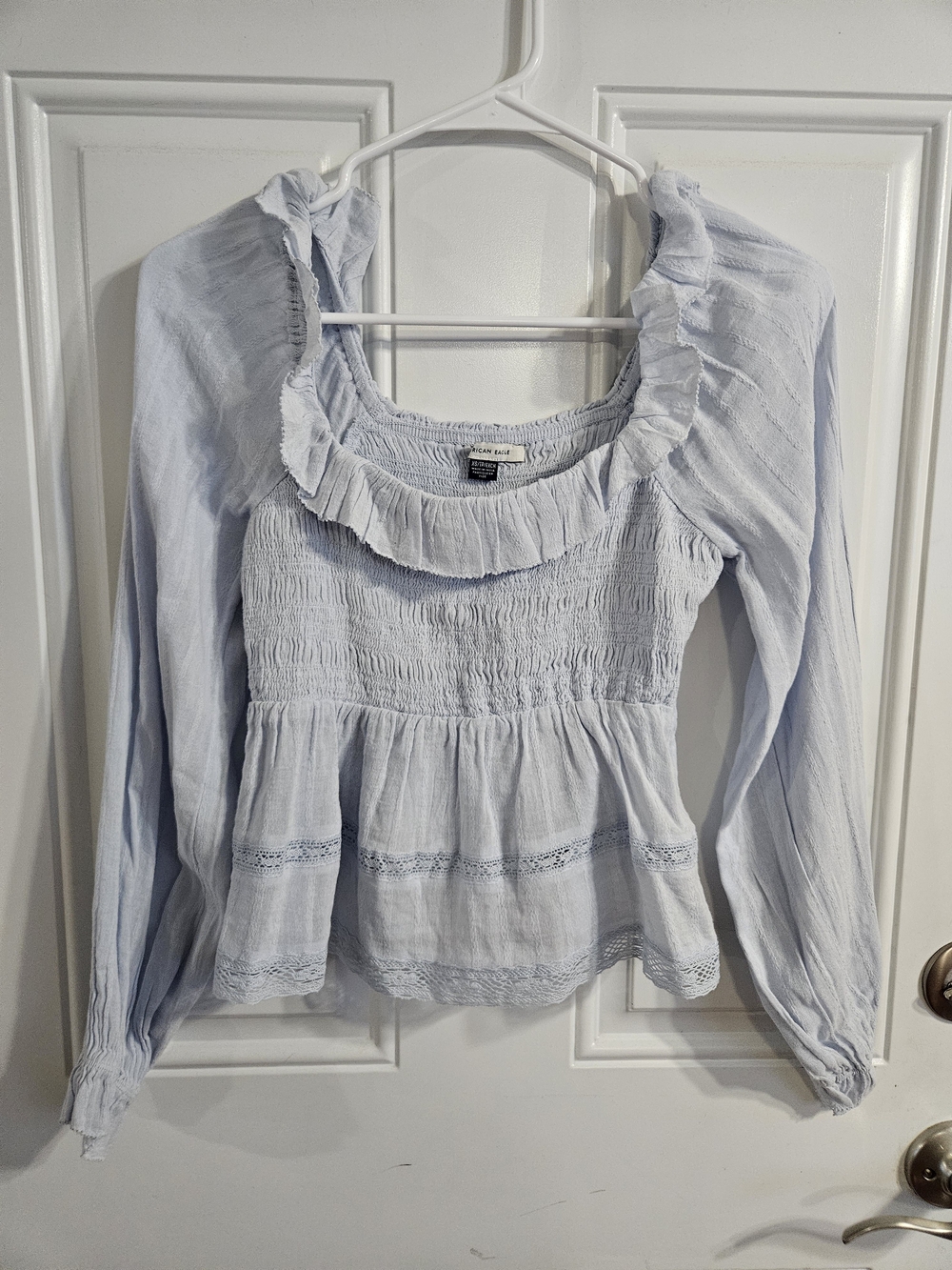 American Eagle Outfitters Light Blue Ruffled Smocked Peasant Blouse